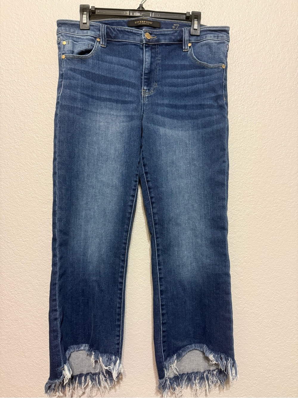 Liverpool Petite Crop Flare Jeans in Medium Blue with Frayed Hem - Picture 2 of 6